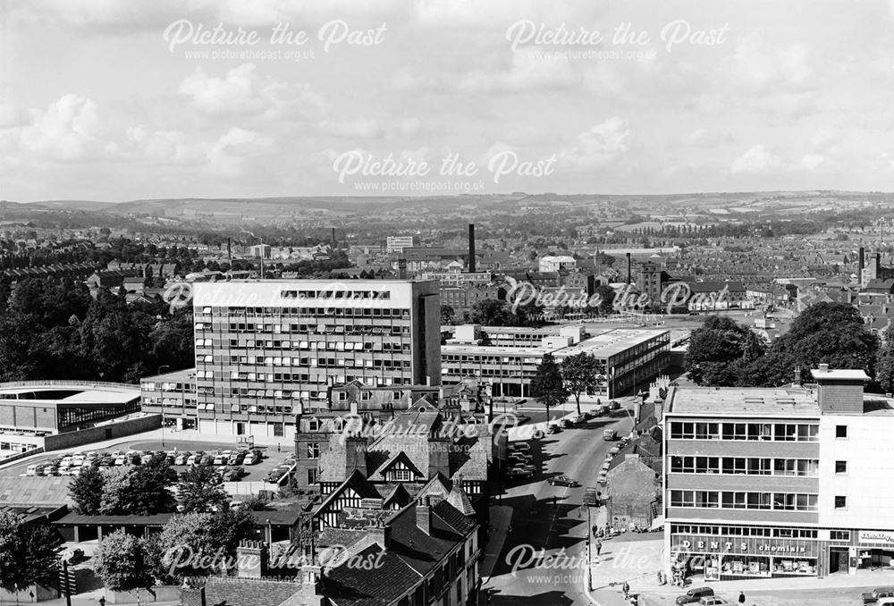 View from the top of the Market Hall tower over towards West Bars, Chesterfield, 1964