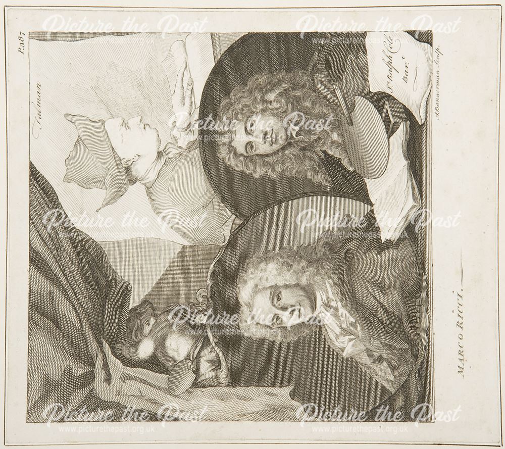 Print showing three artists - Sir Raph Cole (1620-1794), Marco Ricci (1667-1720), and John Talman (1