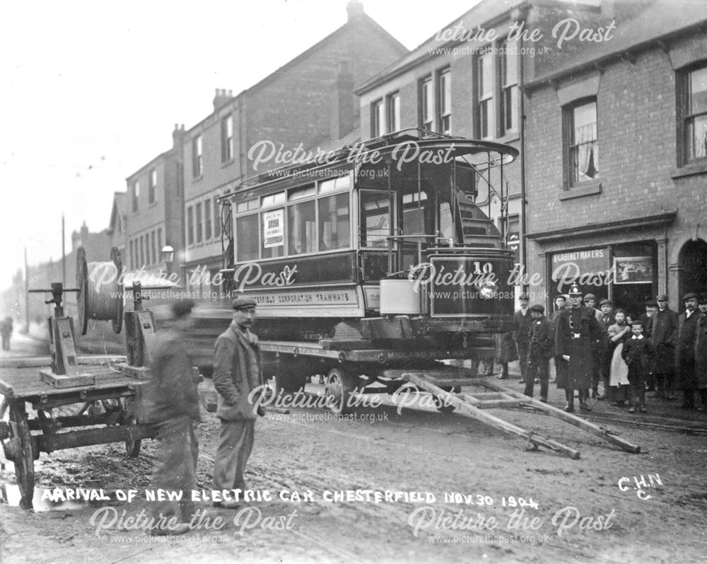 Arrival of new electric tram at the tram depot on Chatsworth Road, Brampton, Chesterfield, 1904