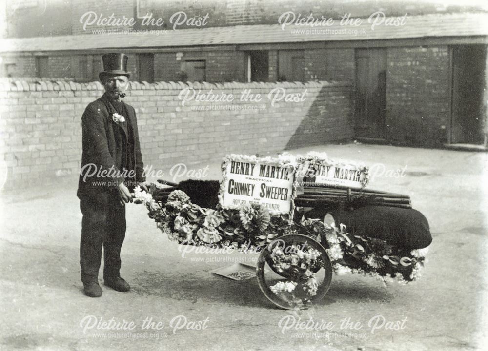 Chimney sweep and decorated handcart, Brampton, Chesterfield, c 1920