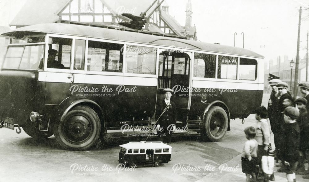 Trolleybus with working model outside Terminus Hotel, Brampton, Chesterfield, c 1930