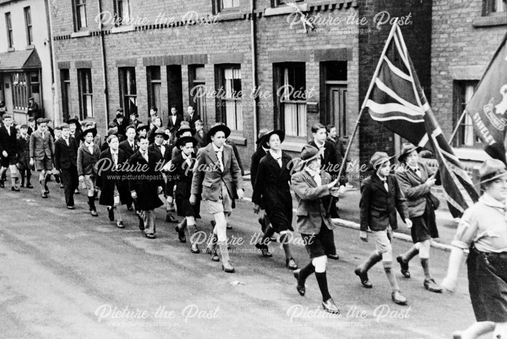 Staveley Scouts marching along Chesterfield Road, Staveley