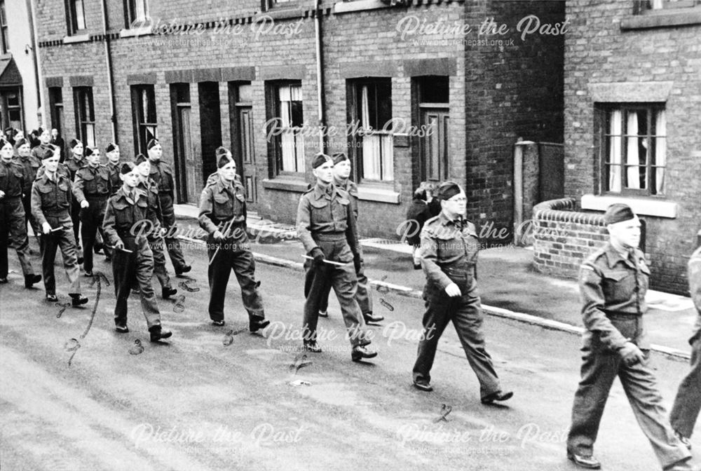 Home Guard marching along Chesterfield Road, Staveley