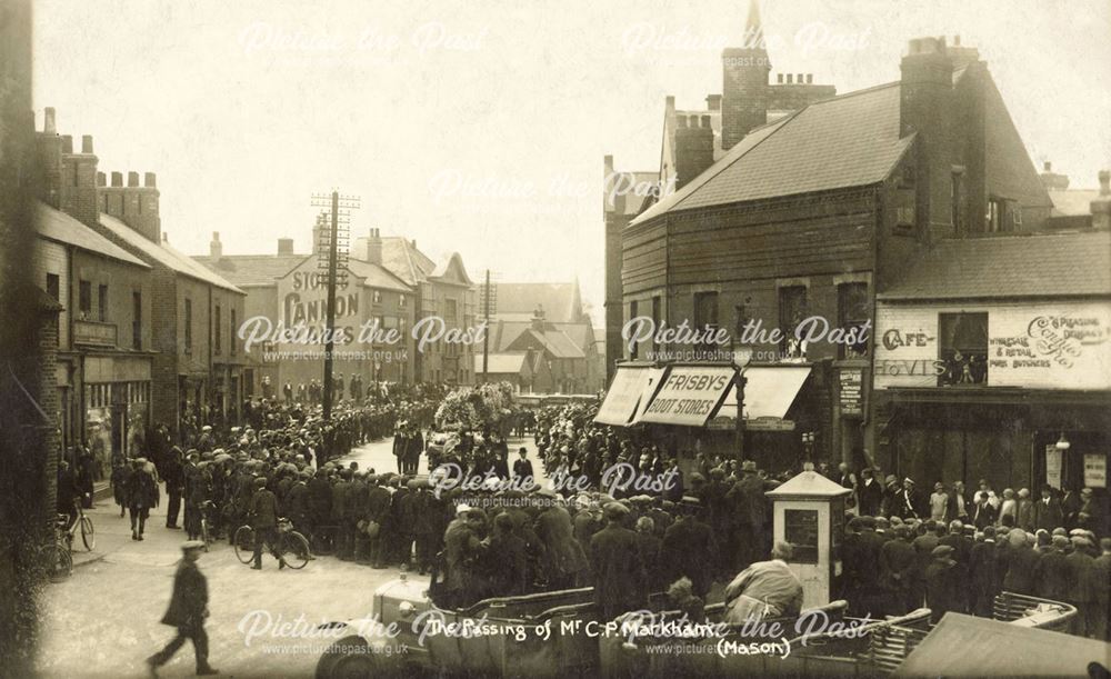 Charles Markham's Funeral passing Frisby's Boot Store and Staveley Cross