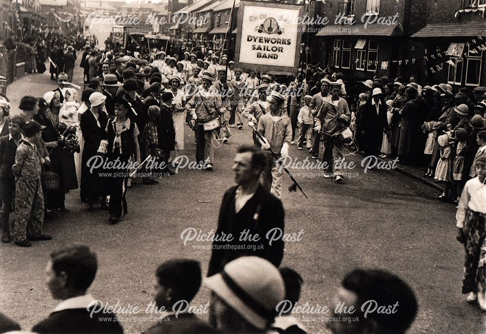 Summer march of The Old Cross Dyeworks Sailor Band, Victoria Road, Sandiacre, c 1930