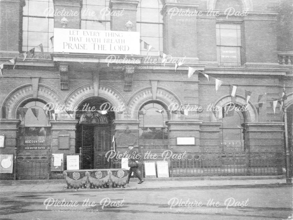 Ilkeston Town Hall decked for peace celebrations, 1919