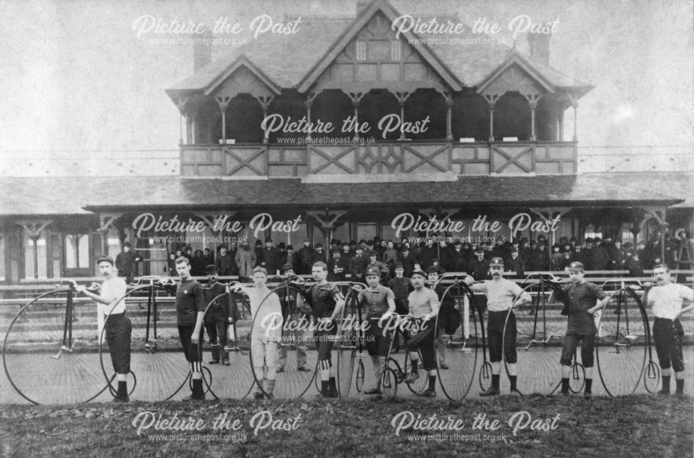 Cyclists at a race meeting, Long Eaton Recreation Ground, Station Road?, Long Eaton, 1885