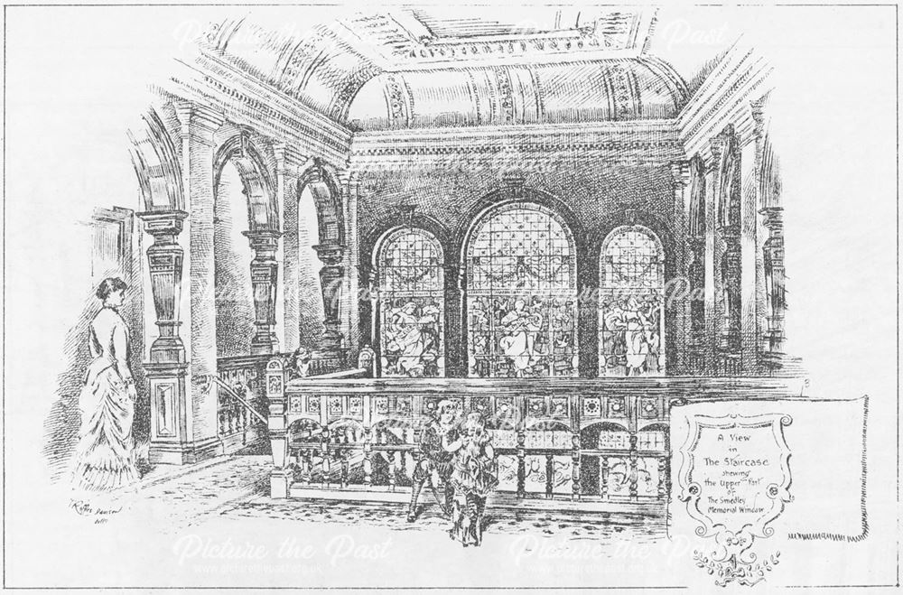 Smedley's Hydro - Interior sketch of The Stair Case showing the upper part of Smedley's memorial win