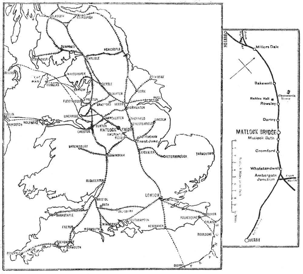 Smedley's Hydro - sketch map of Railway Routes to Matlock Bridge