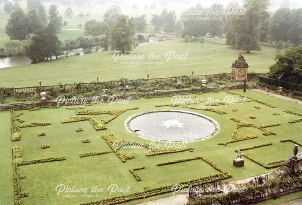Chatsworth House exterior - Parterre Gardens and The River Derwent