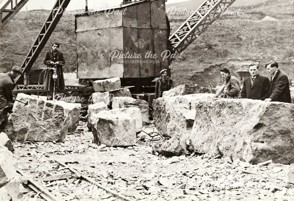 Workmen with a drill and crane, Dene Quarries, Cromford