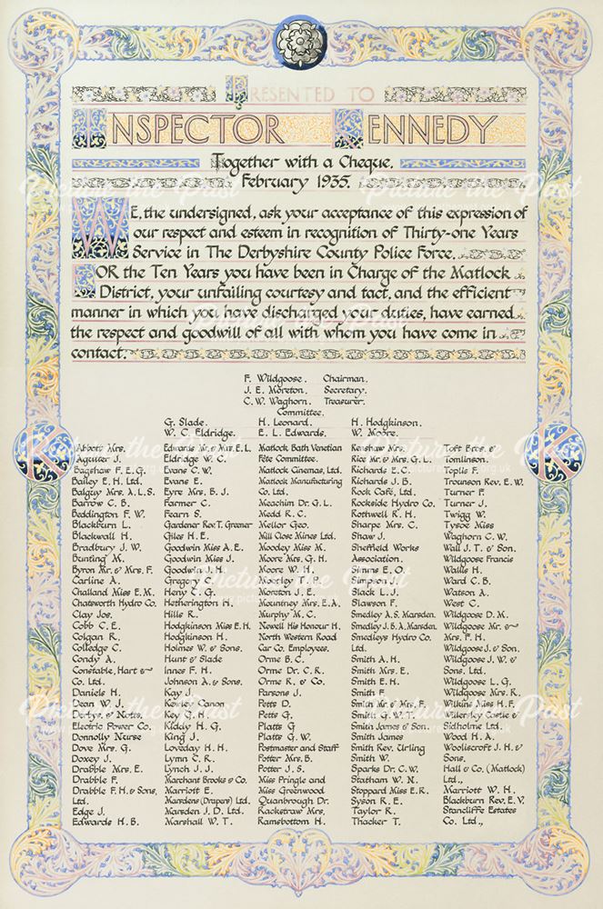 Illuminated address presented to Inspector T J Kennedy of the Derbyshire County Police Force, Matloc