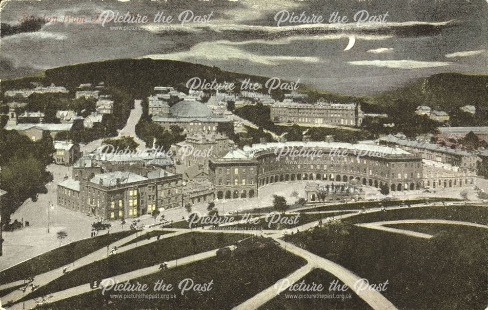 A view of Buxton and the Crescent from the Slopes, by moonlight