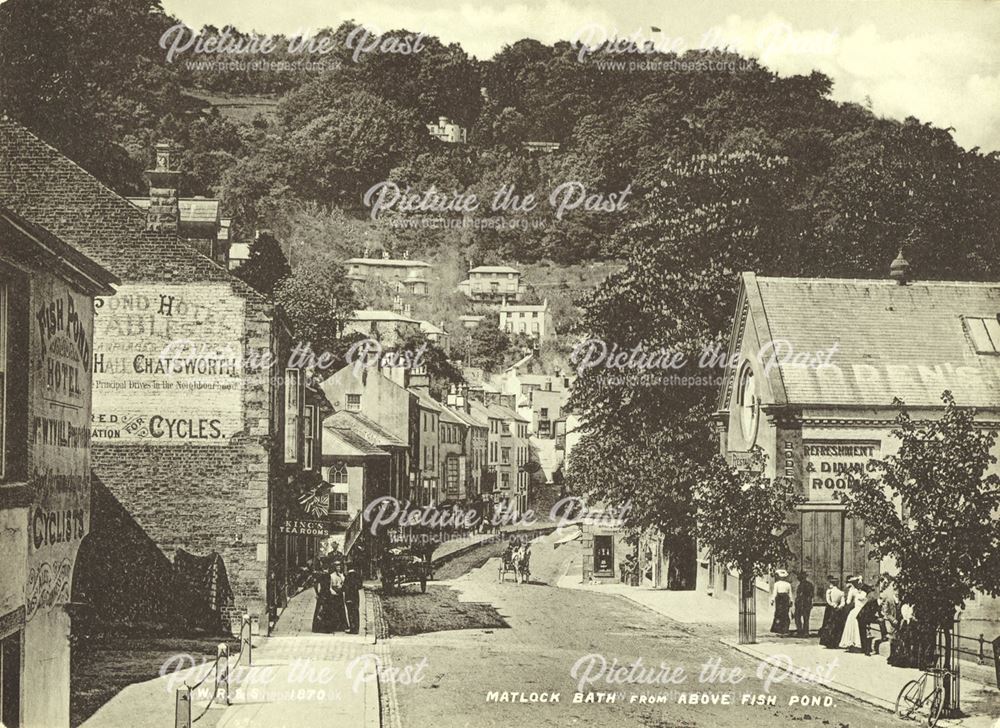 View of Matlock Bath, showing Boden's Refreshment rooms, Fish Pond Hotel and Heights of Abraham.