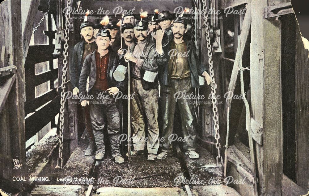 'Coal Mining' - Miners coming out of the lift at the top of the shaft (please note the query below)