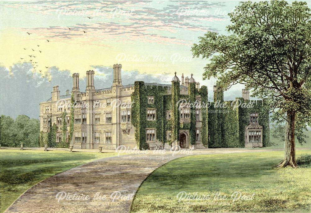 A colour printed engraving of Drakelow Hall