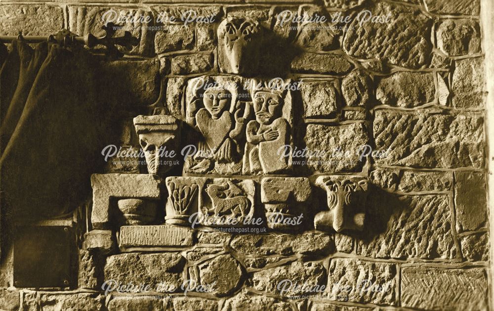 Saxon (?) stone carvings inside St Mary's Church, Wirksworth, c 1930s