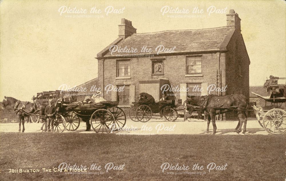 Excursion carriages outside The Cat and Fiddle Inn, near Buxton