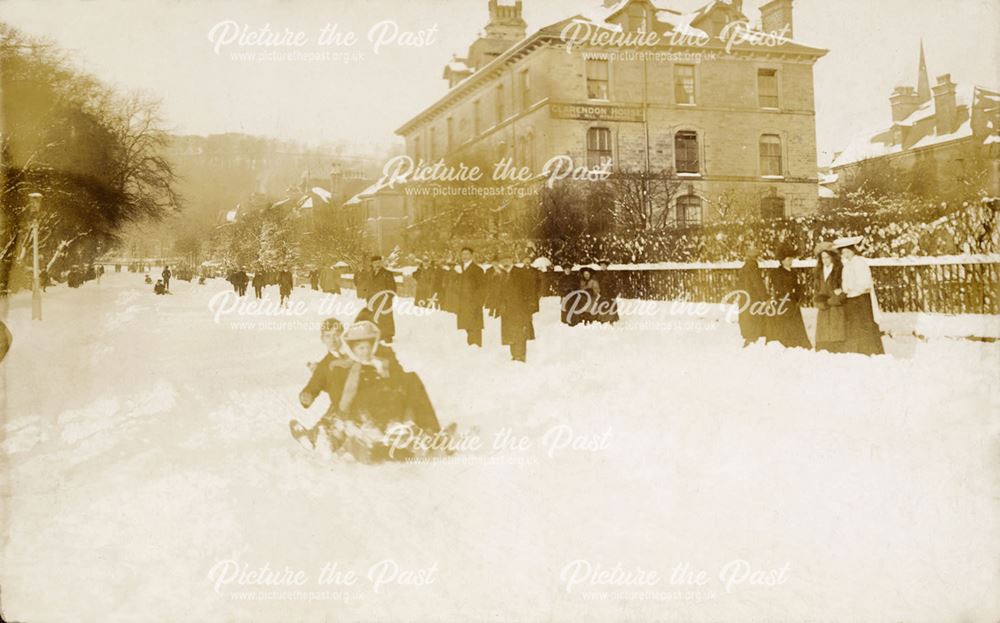 Sledging beside the Clarendon Hotel, Buxton