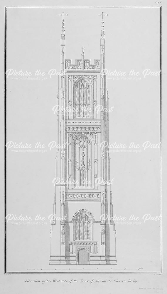 Elevation of West side of tower of All Saints Church, Derby