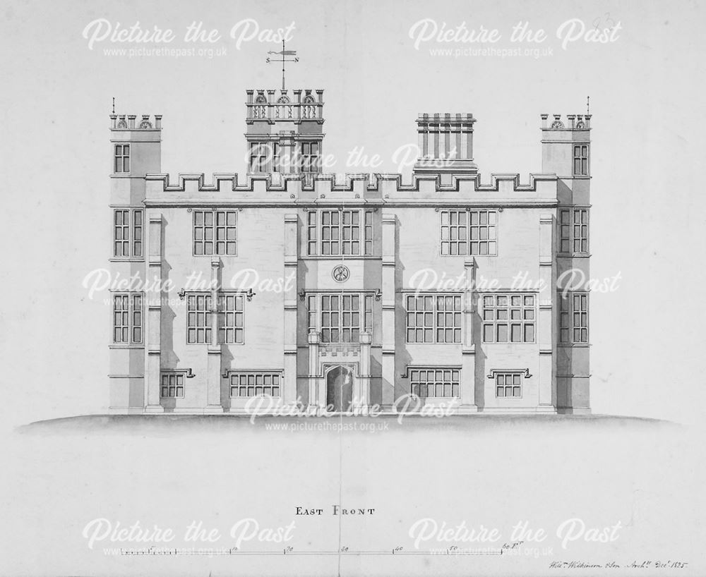 Barlborough Hall - east front. Architects Drawing for the conversion to a school.