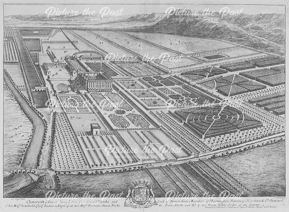 Engraving of Chatsworth House and ornamental gardens