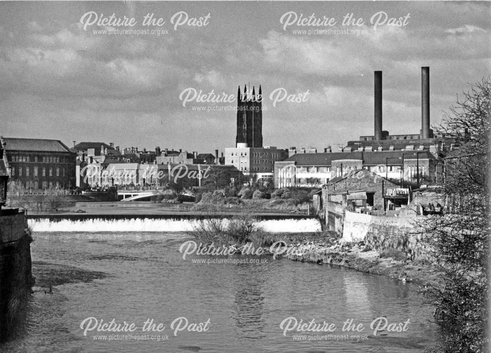 Derby, The Cathedral and weir on the Derwent