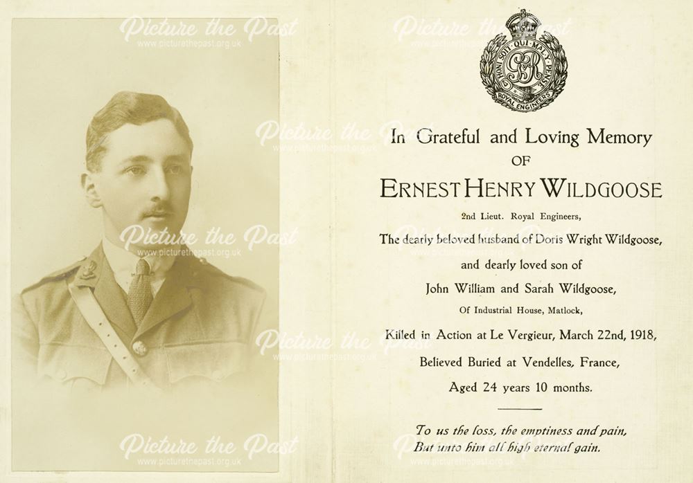 Memorial card for Ernest Henry Wildgoose (1884 - 1918)