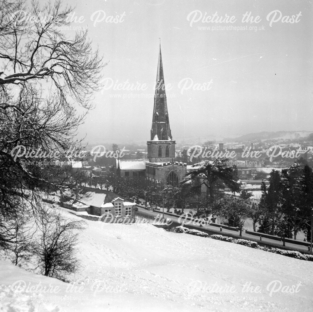 View of St Oswalds Church in snow