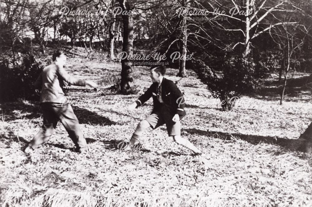 Boys from Derby Grammar School. A game in the woods, Overton Hall, Ashover, 1939 or 1940