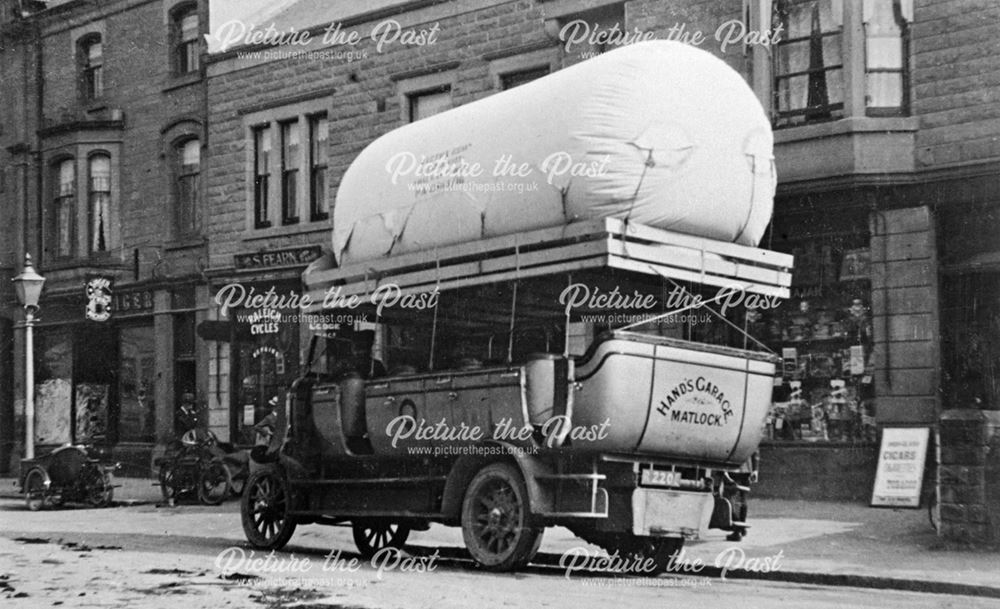 Gas powered bus, Crown Square, Matlock, c 1915