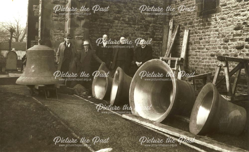 Repaired bells lined up outside the church, Bradwell, 1938