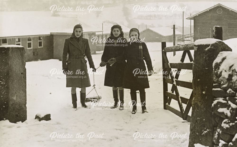 Girls with Sledge at Camp Gates, Amber Valley Camp School, Woolley Moor, 1947