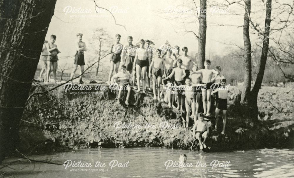 Boys swimming in River Amber, Amber Valley Camp School, Woolley Moor, c 1940s-50s