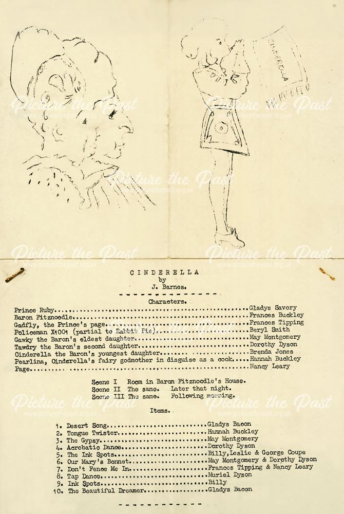 Programme and cast list for 'Cinderella', Amber Valley Camp School, Woolley Moor, c 1940s-50s