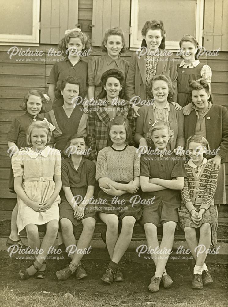 Group of girls, Amber Valley Camp School, Woolley Moor, c 1940s-50s