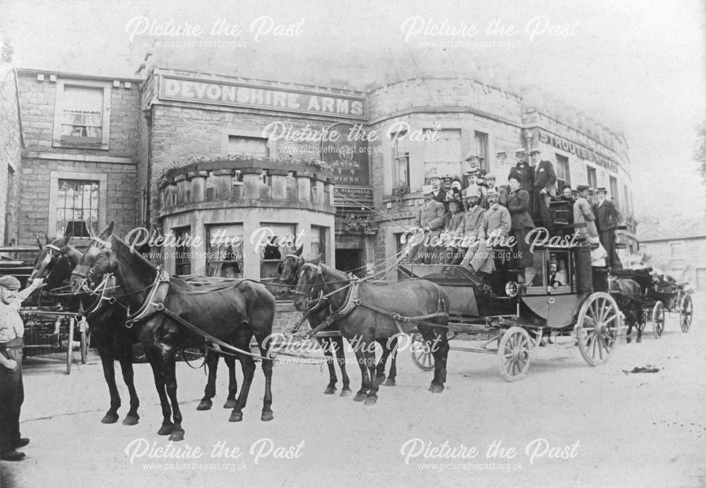 Coach and Four outside The Devonshire Arms Hotel, Goose Green, Baslow, c 1900