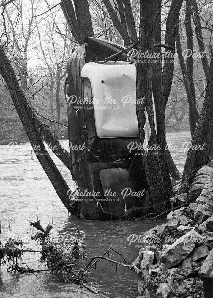 Car in Tree During Flood, Matlock Bath, 1965