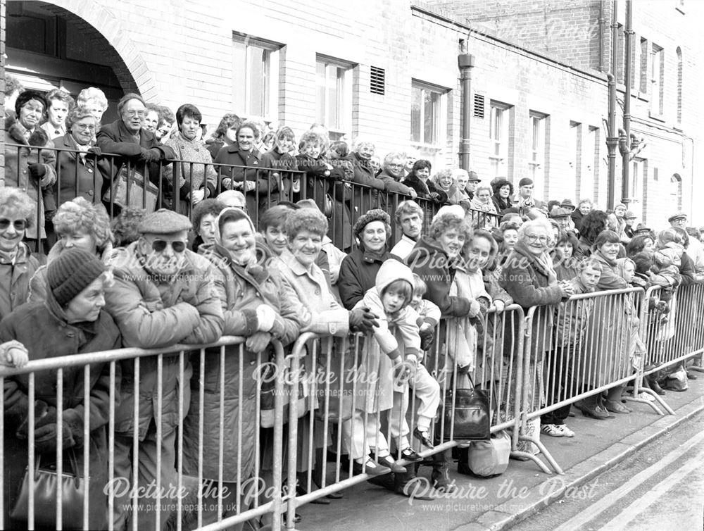 Crowds outside Town Hall celebrating visit by Princess Anne to Ilkeston, c 1980s