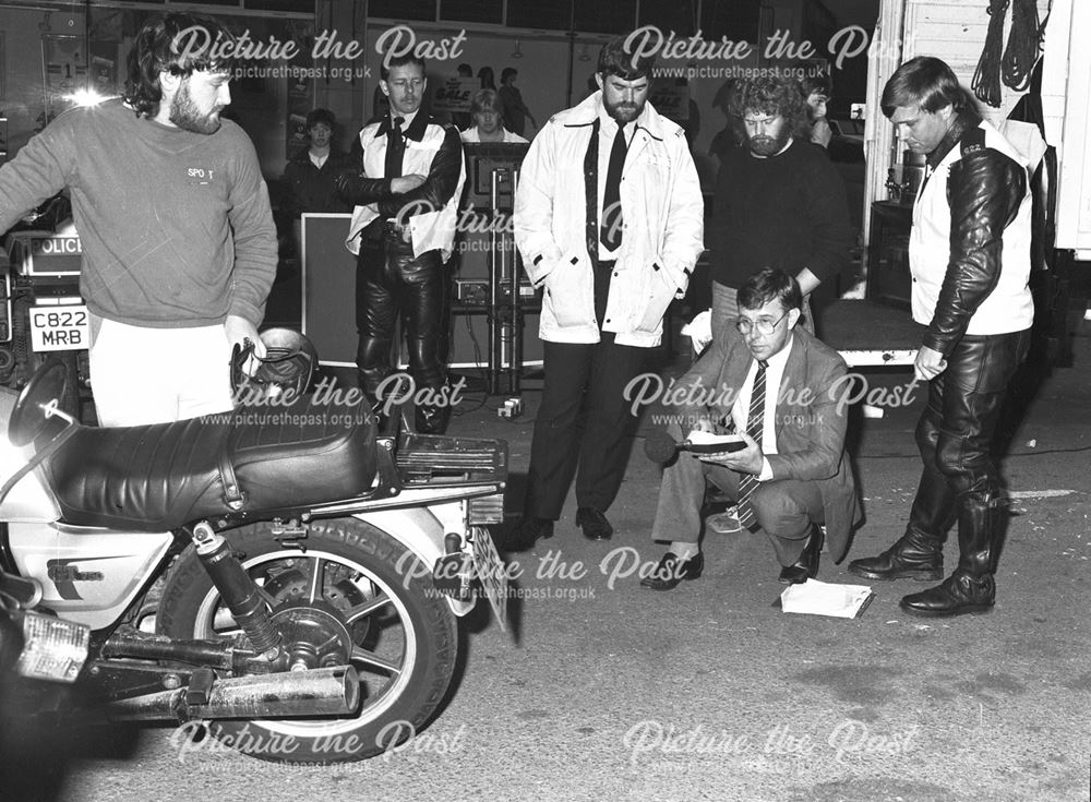 Motorcycle being inspected by the Police, Market Place, Ilkeston, c 1980