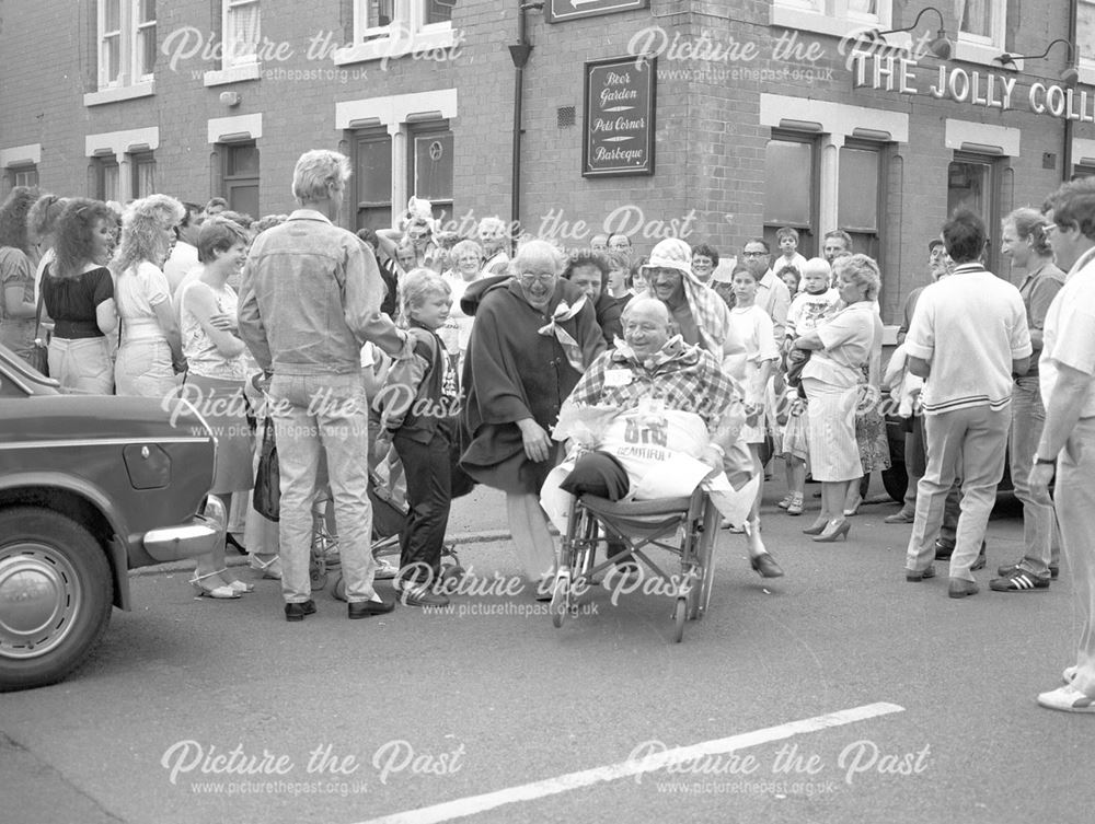 Pram Race outside the Jolly Colliers Pub, Cotmanhay Road, Cotmanhay, Ilkeston, c 1980s