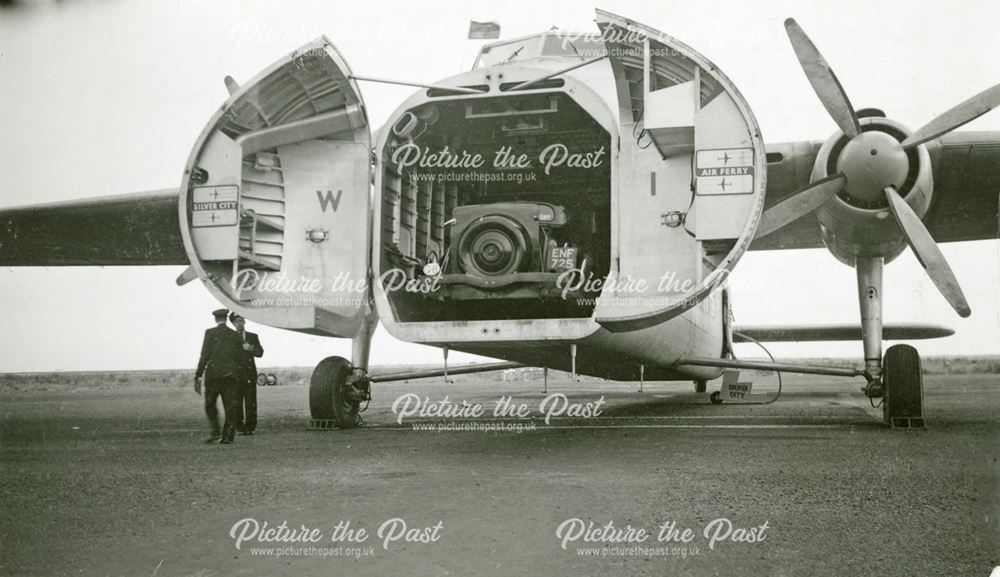 Old Truimph Dolomite being loaded onto Bristol Freighter (possibly Type173) Kent, 1953