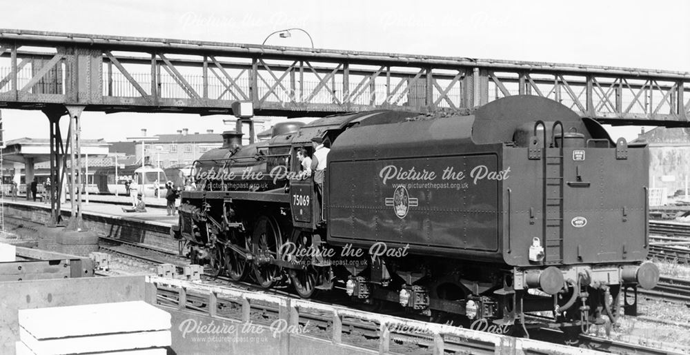 Steam loco 75069, Midland Railway Station, Railway Terrace, Derby, 1987