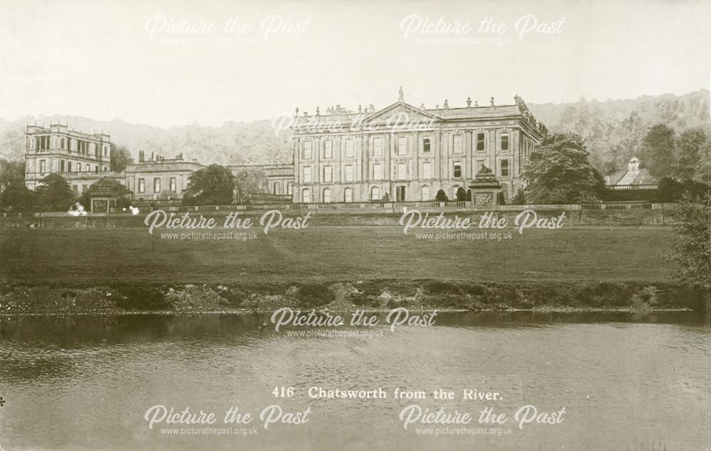 West facade, Chatsworth House from the River Derwent, c 1923