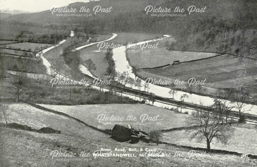 River, road, rail and canal running parallel in the valley, Whatstandwell, c 1900?