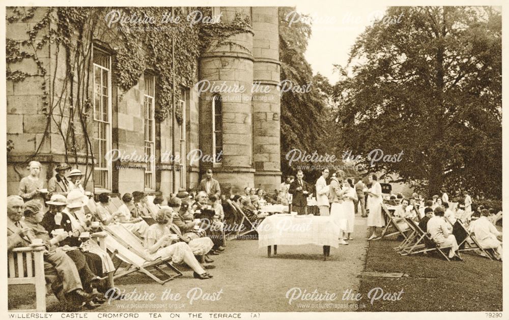 Tea on the terrace, Willersley Castle, Cromford, c 1930s?