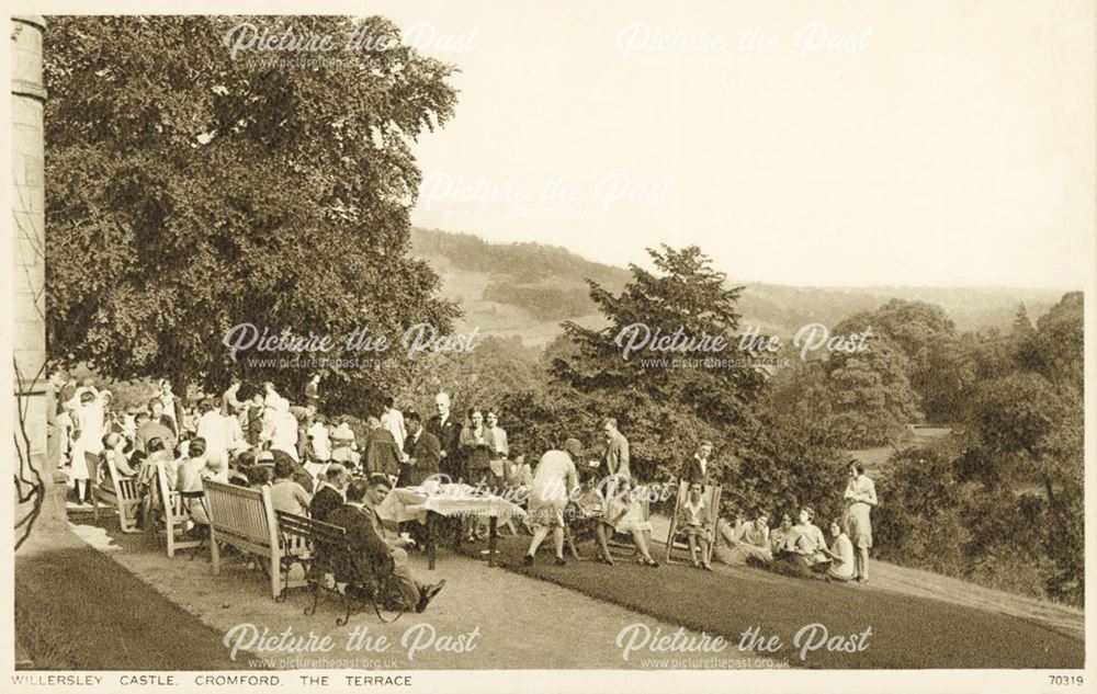 Tea on the terrace, Willersley Castle, Cromford, c 1930s?