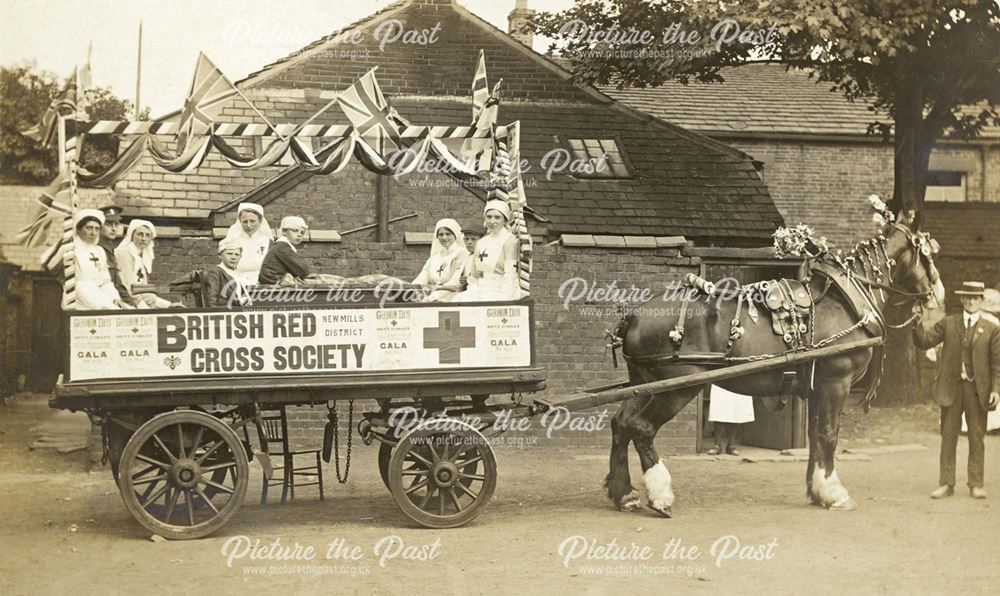 British Red Cross Society float in May Day procession, Hayfield, High Peak, c 1930s