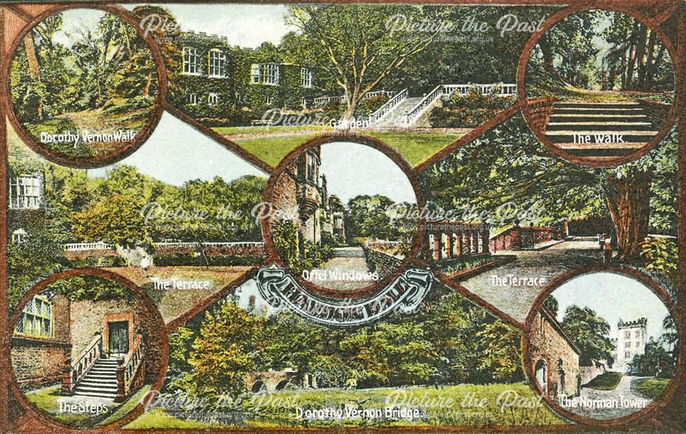 Postcard showing various view of Haddon Hall and grounds, Haddon Road, Bakewell, 1906