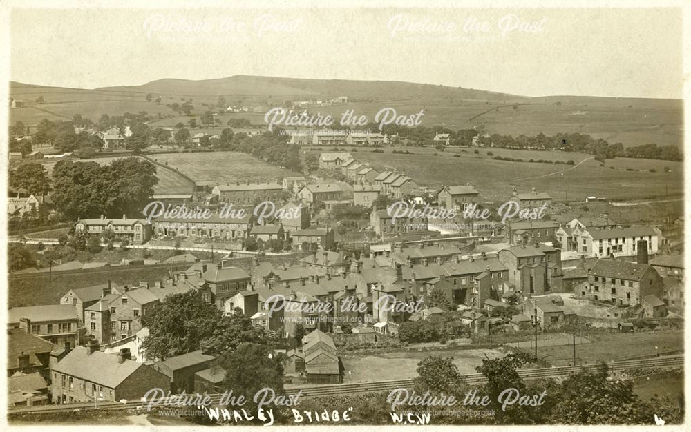 General view of Whaley Bridge, with railway line in foreground, early 20th century